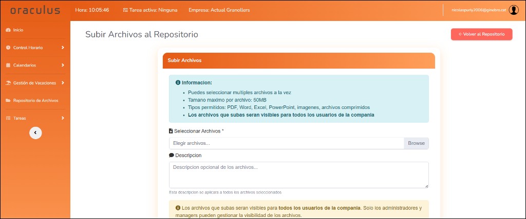Captura de subida de archivos al repositorio en Oraculus