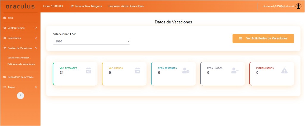 Captura de datos de vacaciones en Oraculus