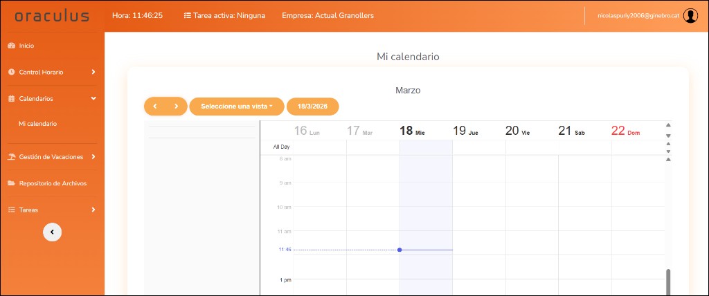 Captura del calendario de tareas en Oraculus