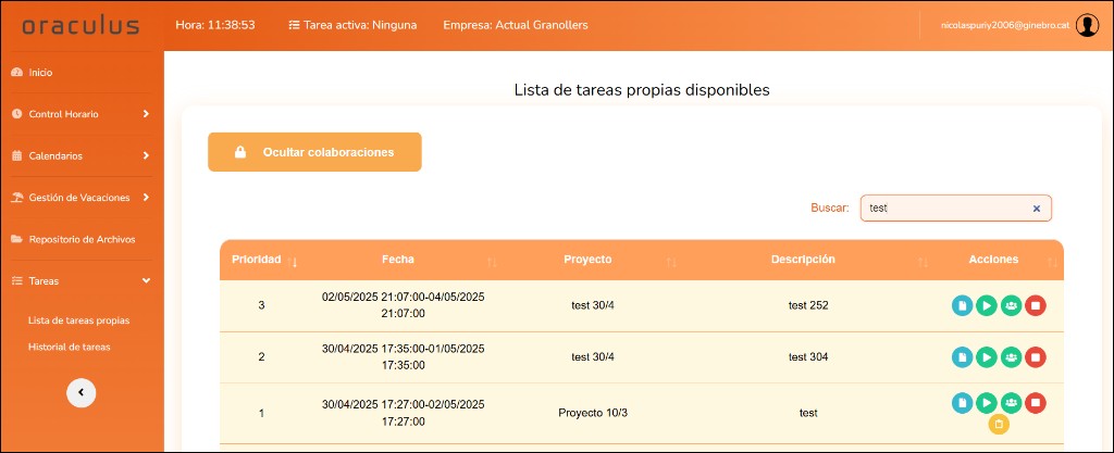 Captura de lista de tareas disponibles en Oraculus